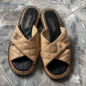 CHANEL Cross Over Quilted CC 2024 Sandals Beige and Black